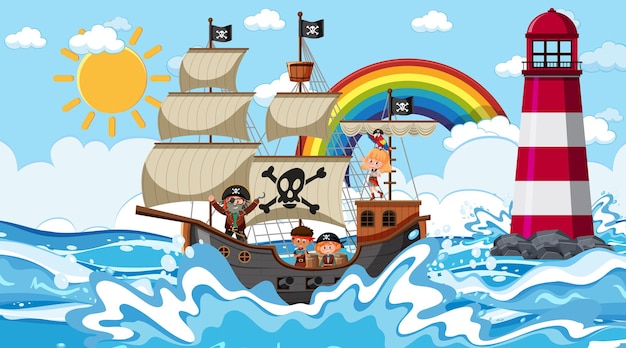 Strand met piratenschip overdag in cartoonstijl