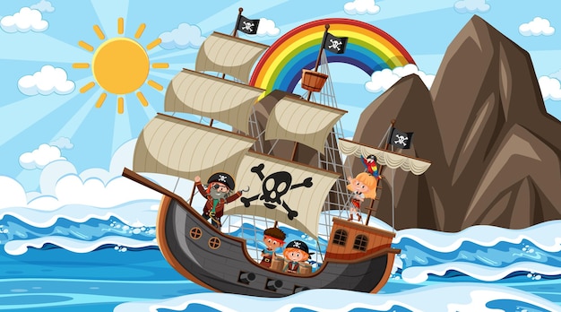 Strand met piratenschip overdag in cartoonstijl