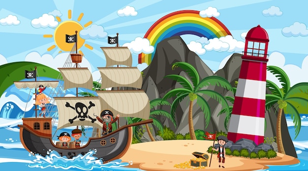 Strand met piratenschip overdag in cartoonstijl