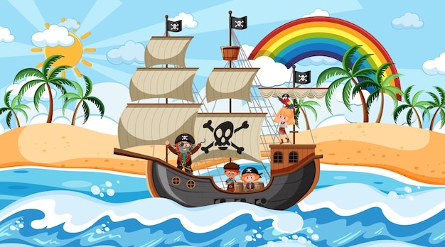 Strand met piratenschip overdag in cartoonstijl