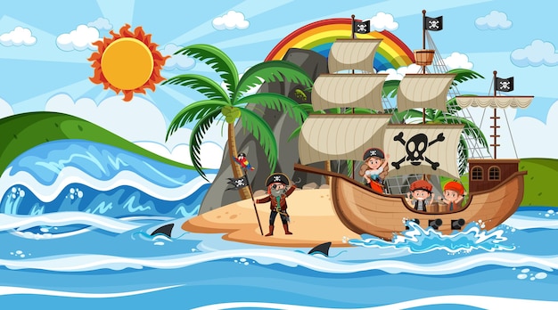 Strand met piratenschip overdag in cartoonstijl