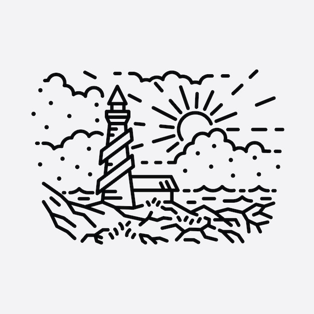 Strand natuur vuurtoren avontuur wilde lijn badge patch pin grafische illustratie kunst t-shirt design