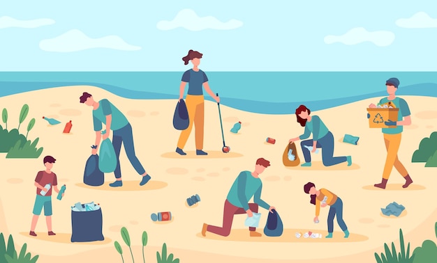 Strand schoonmaken. Vrijwilligers beschermen de zeekust tegen vervuiling. Mensen halen afval op van stranden. Milieubescherming illustratie. Vuilnis en schoonmaak strand, ecologisch buiten