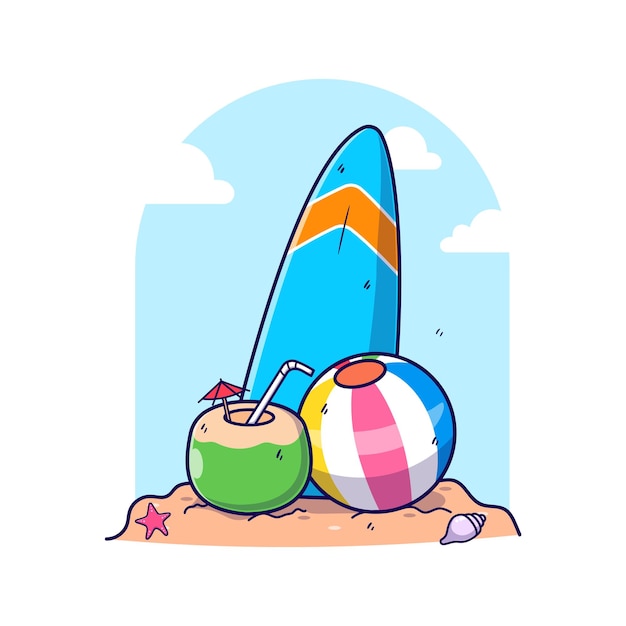Strand surfen oceaangolf kokosnoot bal zomervakantie vakantie set illustratie cartoon vector