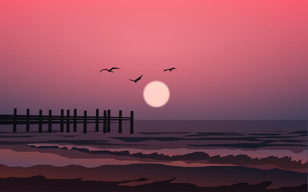 Strand zonsondergang illustratie met dok