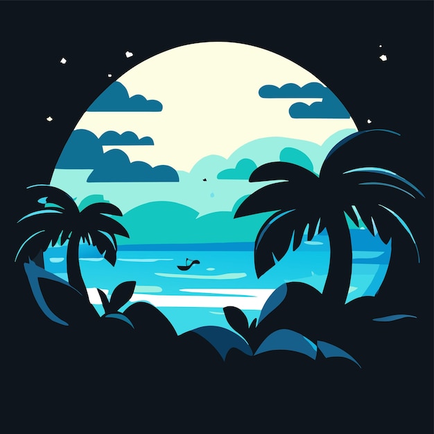 Strand zonsondergang palmen tropisch eiland met de hand getekend platte stijlvolle mascotte cartoon