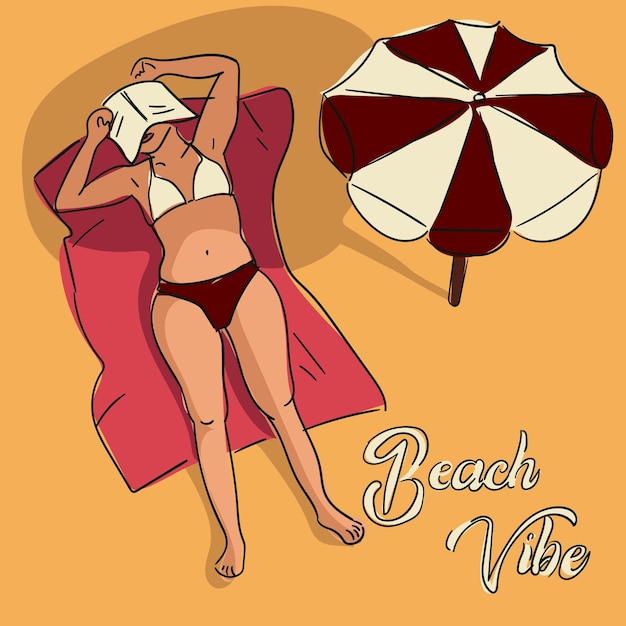 Vector strandatmosfeer een vrouw die in de zon ligt vectorontwerp van een zomerposter in een eenvoudige stijl