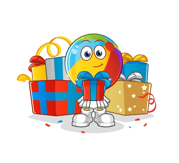 Strandbal geeft geschenken mascotte. cartoon vector