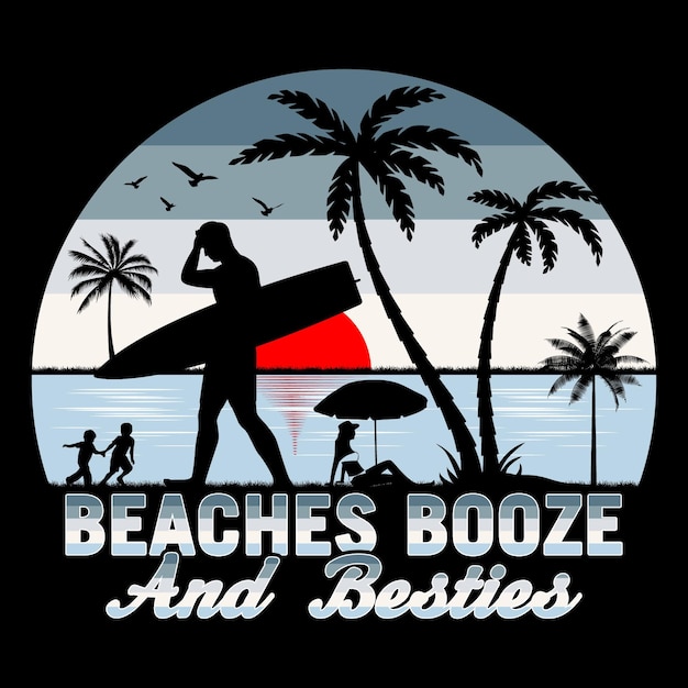 Stranden Drank En Besties Surfen Strand zonsondergang Zomer Sublimatie T-Shirt Design