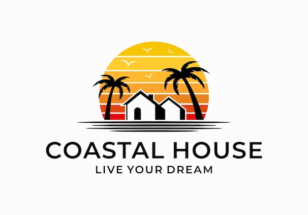 Strandhuis kust zonsondergang logo afbeelding ontwerp