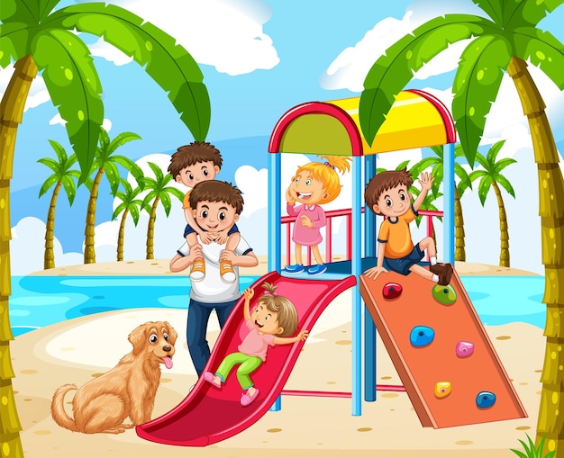 Strandspeeltuin met blije kinderen