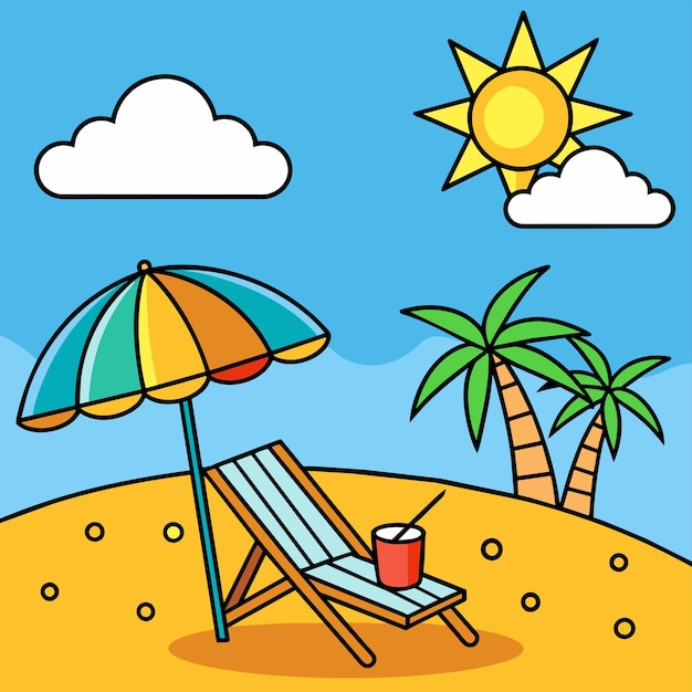 Strandstoel landschap zomervakantie vakantie leunstoelen paraplu's met de hand getekend plat stijlvol