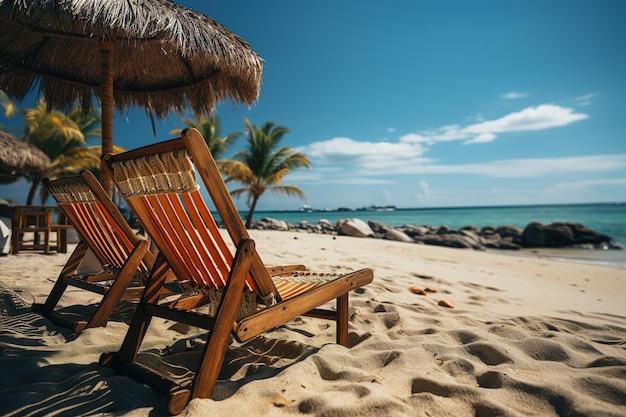 Strandstoelen met gele parasol en cocktail op zandkust tegen de achtergrond van de hemel