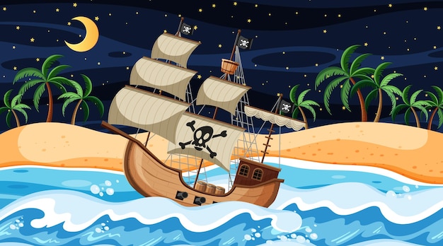 Strandtafereel 's nachts met piratenschip in cartoonstijl