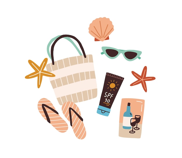 Strandtas of portemonnee met zonnebril, slippers, tube zonnebrandcrème, zeeschelp en zeester. Bovenaanzicht van zomer items. Gekleurde platte vectorillustratie geïsoleerd op een witte achtergrond.