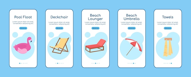 Stranduitrusting onboarding mobiele app scherm platte vector sjabloon