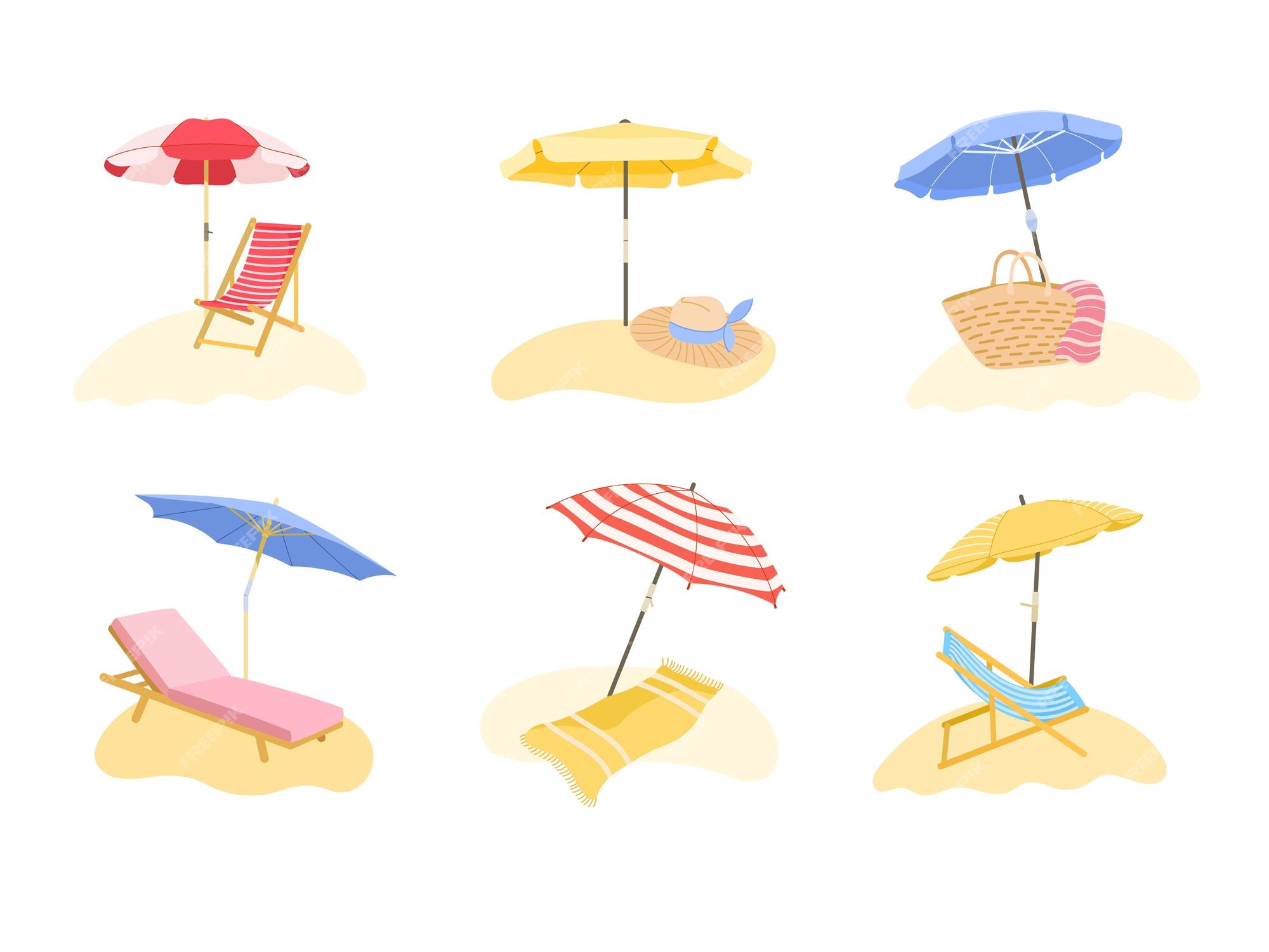ontsnapping uit de gevangenis Mediaan Kunstmatig Strandzonnescherm ligstoel en parasol voor bescherming van de zon voor  zomervakantie op strand vector illustratie set | Premium Vector