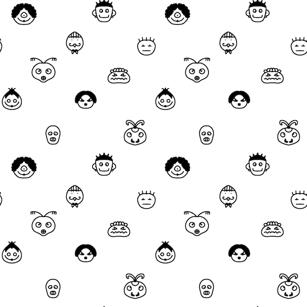 Strange, creepy faces, masks, people and insects. Seamless vector pattern..