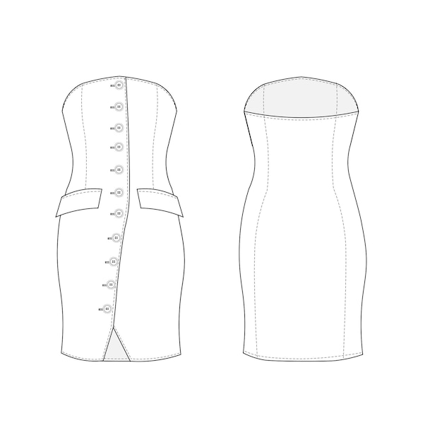 Strapless sleeveless tailored short knee length bodycon dress template technical drawing flat sketch