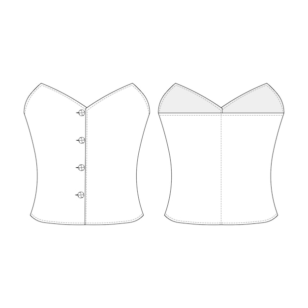 Vector strapless sweetheart nek knoopjes mouwloze blouse top sjabloon technische tekening platte schets cad