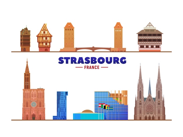 Достопримечательности города Страсбург Франция на белом фоне Плоская векторная иллюстрация Концепция деловых поездок и туризма с современными зданиями Изображение для баннера или веб-сайта