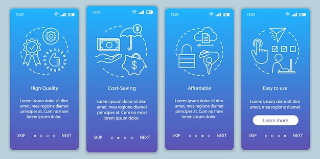 Vantaggio strategico integrazione dello schermo della pagina dell'app mobile con concetti lineari qualità risparmio sui costi conveniente facile da usare procedura dettagliata istruzioni grafiche ux ui gui modello vettoriale con icone