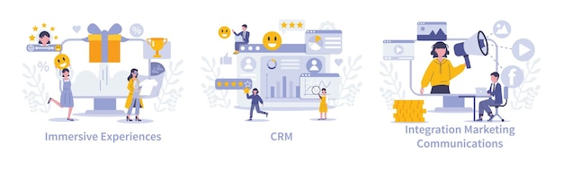 Vettore approcci strategici nel set di marketing che migliorano l'interazione con il marchio attraverso esperienze immersive crm