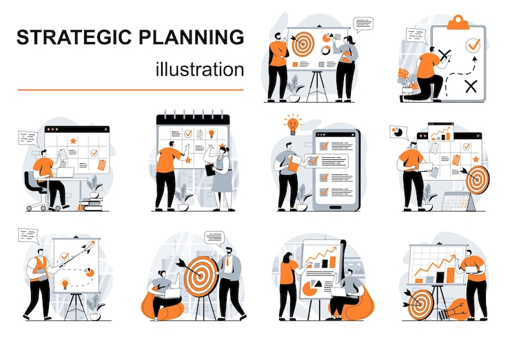 Vector strategic planning concept with people scenes set in flat design vector illustration visual stories