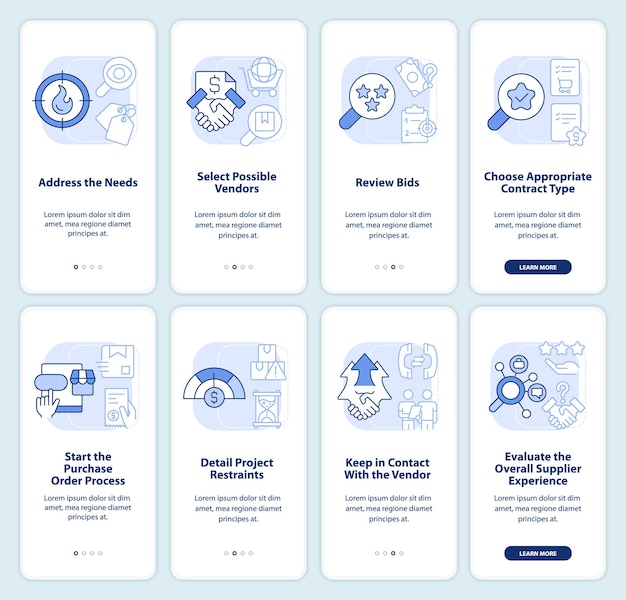 Set di schermate per app mobili di onboarding azzurro per la pianificazione strategica degli appalti