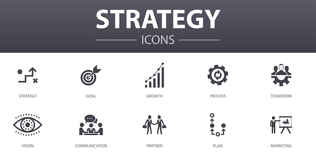 Strategie eenvoudig concept iconen set. Bevat pictogrammen als doel, groei, proces, teamwerk en meer, kan worden gebruikt voor web, logo, UI/UX