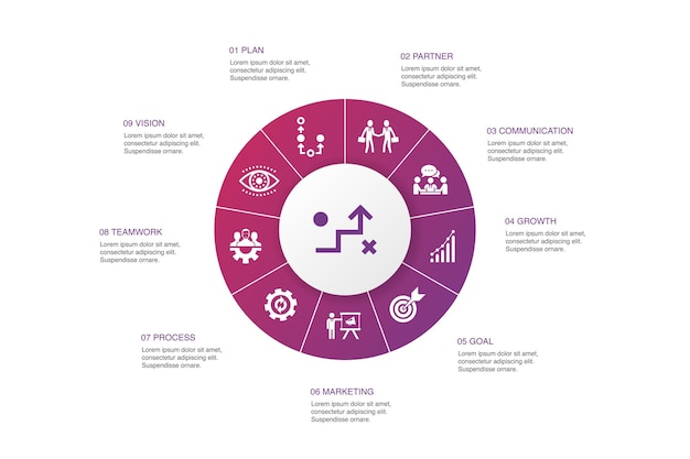 Strategie Infographic 10 stappen cirkel ontwerp. doel, groei, proces, teamwork eenvoudige pictogrammen