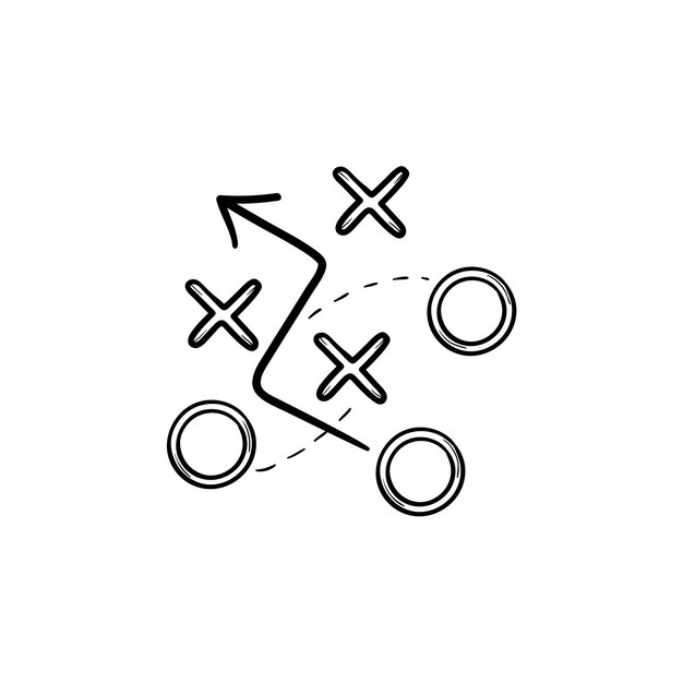 Strategie tactiek plan hand getrokken schets doodle pictogram. sportactiestrategie, bedrijfstactiek, groepswerkconcept. schets vectorillustratie voor print, web, mobiel en infographics op witte achtergrond.