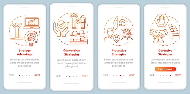 Schermata della pagina dell'app mobile onboarding vantaggio strategico con concetti. finanziariamente sicuro. istruzioni grafiche in 4 passaggi per l'azienda. modello vettoriale dell'interfaccia utente con illustrazioni a colori rgb