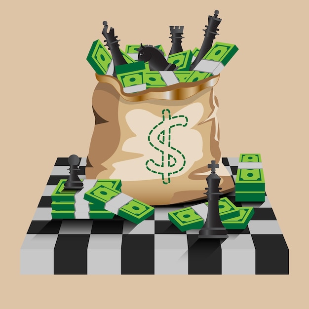 Vettore concetto di strategia denaro e nero di scacchi su borsa illustratrice vettoriale finanziaria e di investimento