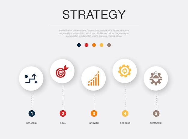 Vector strategy goal growth process teamwork icons infographic design template creative concept with 5 steps