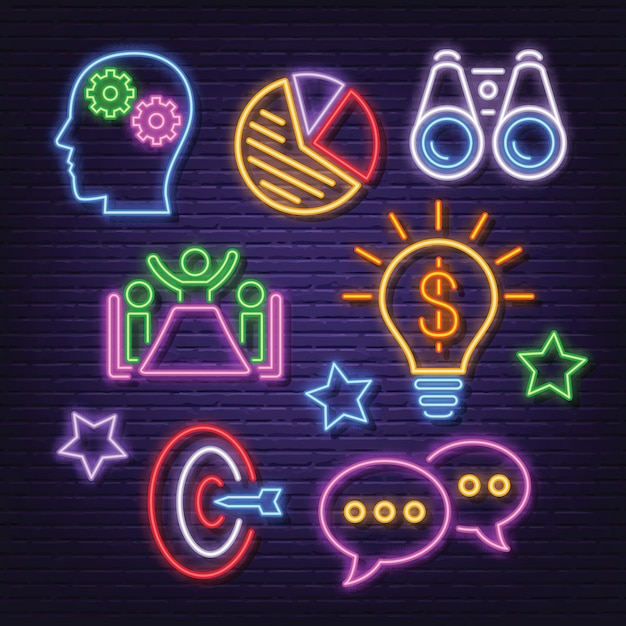 Strategy neon icons set