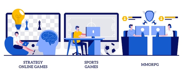 Strategy online games, sports games, MMORPG concept with tiny people. Internet and video gamers streaming vector illustration set. Cybersport tournament, modern entertainment and pastime metaphor.