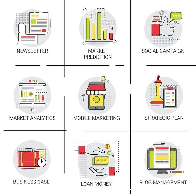 Insieme dell'icona di idea di affari di investimento di vendita di piano di strategia