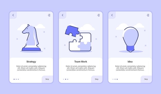 Strategy team work idea onboarding screen for mobile apps template banner page UI with three variations modern flat outline style 