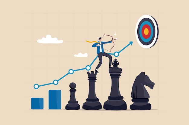 strategy to win business success growing to achieve target or strategic growth challenge or mission management and planning concept businessman archery on king chess growth chart aiming at target