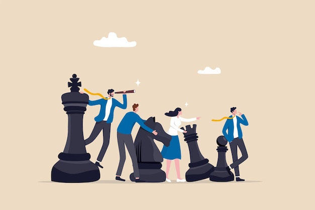 Strategy to win competition teamwork help plan strategic idea to fight and achieve business victory challenge concept business people team players stand strong with king knight chess pieces