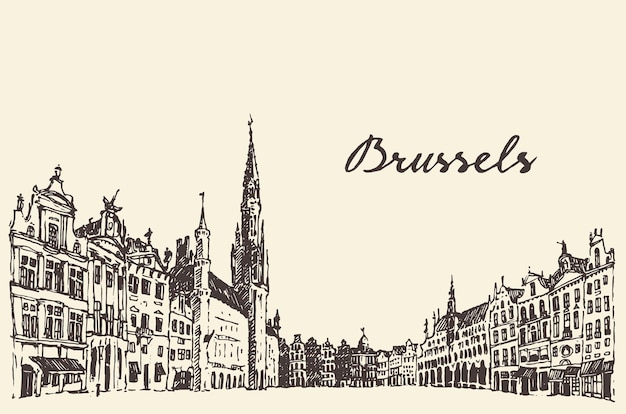 Vector straten in brussel, vintage vector gegraveerde illustratie, met de hand getekend