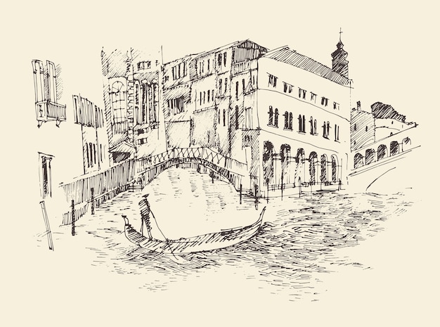 Straten in Venetië (Italië) met gondel, vintage gegraveerde afbeelding