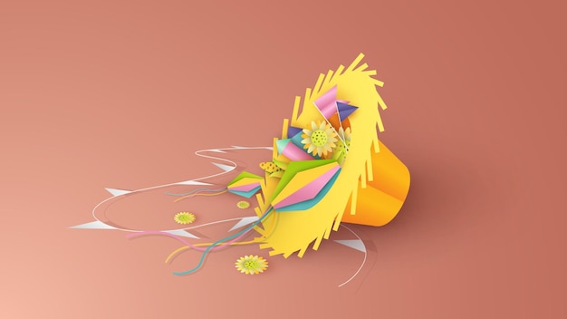straw hat design and decoration in festa junina festival on paper art style
