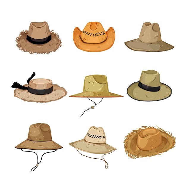 Straw hat set cartoon vector illustration