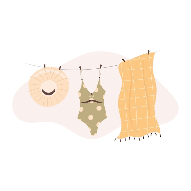 Straw hat swimsuit and a towel hanging on the rope Beach summer days illustration