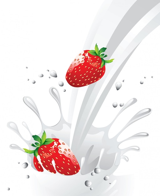 Strawberries falling in milk