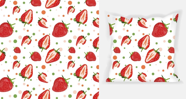 正方形の枕のモックアップとイチゴのパターンデザイン