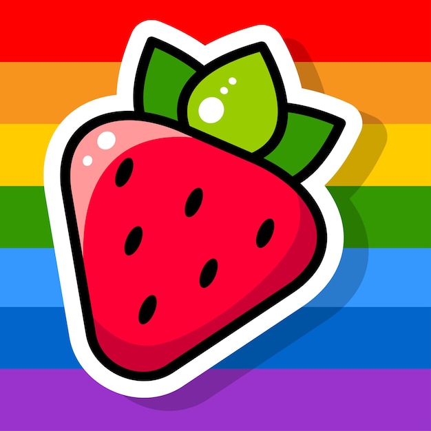 Strawberries on a striped multicolored background Cartoon sticker LGBT Pride Rainbow flag Vector illustration