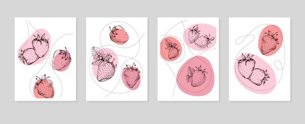 딸기 추상 손으로 그린 삽화 벽 장식 엽서 소셜 미디어 배너